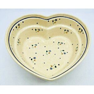 Country Meadow Polish Pottery Heart Shaped Floral Polka Dots‎ Serving Bowl 8.75"